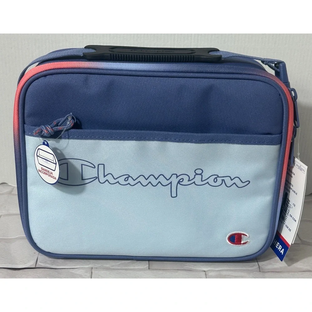 Champion Insulated Lunch Box with Built-In Hard Shell Tray Blue Red‎ T2717